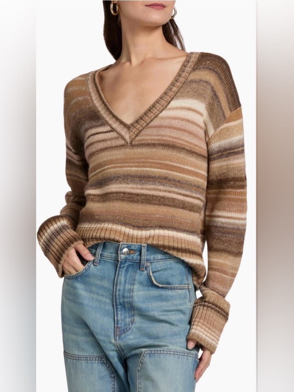 Veronica Beard Striped V-Neck Sweater in Brown and Cream
